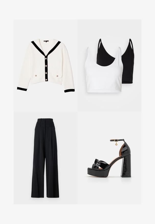 Maje MULETTE - Kardigan - ecru; Dvě bavlněné crop topy v bílé a černé barvě. Každý má hluboký výstřih a tenké ramínka, s hladkou, měkkou texturou.; Černé kalhoty s širokými nohavicemi a vysokým pasem, s plisovanými detaily na přední straně a hladkým povrchem. Žádné viditelné logo nebo vzor.; Maje Sandály na vysokém podpatku - noir