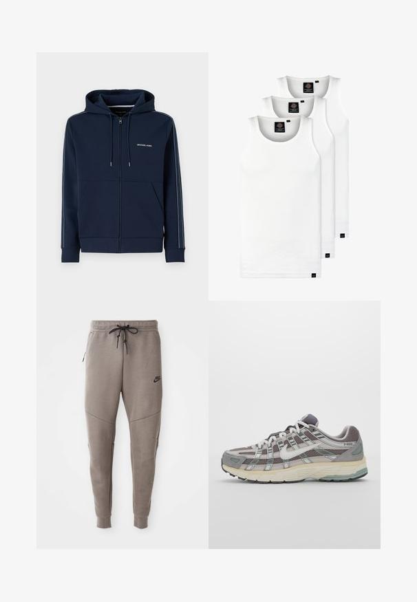 Námořnický modrý zipový svetr z měkké tkaniny, se stahovací kapucí, dvěma předními kapsami a kontrastními bočními pruhy s detailem loga.; Tři bílé žebrované tílka vyrobené z bavlny. Mají kulatý výstřih a malé černé štítky poblíž lemu. Dostupné v několika velikostech.; Šedé Nike tepláky s elastickým pasem na šňůrku, zúženými nohavicemi, bočními kapsami a charakteristickým švem. Měkká, strukturovaná tkanina.; Šedá sportovní obuv s vrchní částí z mikrovlákna a semiše, bílými akcenty, polstrovanou podrážkou a jedinečným designem s reflexními prvky.