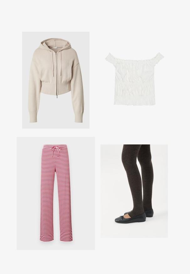 Sweatshirt cropped bege com fecho à frente, punhos e bainha canelados, e capuz com cordão. Apresenta um discreto logo bordado no peito.; Top branco sem alças com detalhes em babados, textura franzida e cintura elástica. Feito de tecido de algodão macio.; Calças folgadas em riscas vermelhas e brancas, com cintura elástica e textura ribanas. O design de perna reta estende-se até ao comprimento do tornozelo.; Sapatos planos pretos com um pequeno laço na ponta, emparelhados com meias-calças caneladas castanhas escuras. Os sapatos têm uma textura suave e um design discretamente baixo.