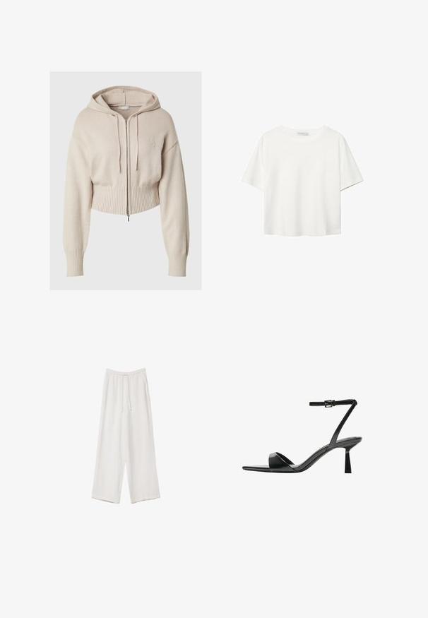 Béžová zkrácená mikina s kapucí a zipem vpředu, žebrovanými manžetami a lemem, a s kapucí na šňůrku. Má diskrétně vyšívané logo na hrudi.; Bílý krátký rukáv tričko vyrobené z bavlny. Má kulatý výstřih a volný střih. Hladký materiál bez viditelných vzorů nebo akcentů.; Bílé široké kalhoty vyrobené z lehké tkaniny. Mají elastický pas se šňůrkou a boční kapsy. Hladká textura.; Bershka Sandály na vysokém podpatku - black