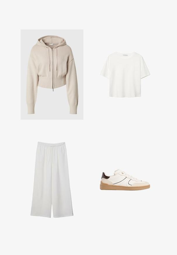 Béžová zkrácená mikina s kapucí a zipem vpředu, žebrovanými manžetami a lemem, a s kapucí na šňůrku. Má diskrétně vyšívané logo na hrudi.; Bílý krátký rukáv tričko vyrobené z bavlny. Má kulatý výstřih a volný střih. Hladký materiál bez viditelných vzorů nebo akcentů.; Bílé kalhoty s širokými nohavicemi vyrobené z lehké tkaniny, s elastickým pasem a stahovací šňůrkou pro nastavitelnou velikost. Hladká textura.; Stradivarius Tenisky - white