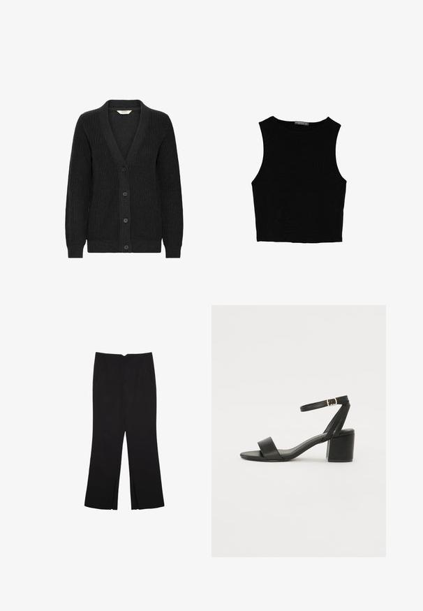 Schwarze gestrickte Strickjacke mit V-Ausschnitt, langen Ärmeln, geripptem Muster und fünf Knöpfen entlang der Vorderseite.; Schwarzes ärmelloses Crop-Top aus glattem Stoff, mit rundem Ausschnitt und einem klaren, schlichten Design ohne Muster oder Beschläge.; Schwarze Hose mit geradem Schnitt, ausgestattet mit Fronttaschen und Seitenschlitzen am Saum. Hergestellt aus weichem, glattem Stoff. Geeignet für verschiedene Anlässe.; Schwarze High Heels Sandalen mit einem glatten Lederoberteil, offener Zehenpartie, breiten Vorderstraps und verstellbarem Knöchelriemen mit einem goldenen Schnallen-Detail.