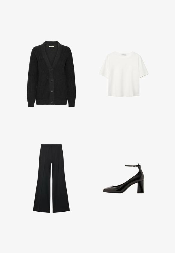 Mustat neulotut neuletakit, joissa on V-pääntie, pitkät hihat, ribbikuvio ja viisi nappia edessä.; Valkoinen lyhythihainen T-paita, joka on tehty puuvillasta. Siinä on pyöreä kaula-aukko ja rento malli. Silkkinen pinta ilman näkyviä kuvioita tai koristeita.; Mustat leveälahkeiset housut, joissa on sileä pinta, etupuolella laskokset ja muotolaskettu malli. Kangas on kevyttä ja laskeutuvaa.; Musta lakattu nahka avokkaat nilkkahihnalla, kiiltävä pinta, terävä kärki ja paksu lohkare korko. Tasainen pinta, minimaalinen yksityiskohtaisuus.