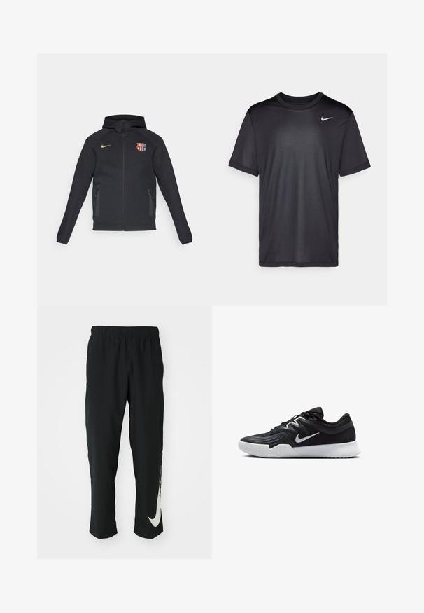 Nike Performance FC BARCELONA HOODY - Sweatjakke - black/club gold; Sort atletisk T-shirt med korte ærmer, rund hals, lavet af glat stof. Har et lille hvidt Nike-logo på øverste venstre side.; Sorte træningsbukser med elastisk talje, der taper ind, og har et stort hvidt Nike-logo på venstre ben. Blødt, letvægtsstof.; Sort atletiksko med en tekstureret overdel, hvid Nike swoosh og en hvid gummisål. Har en snørret design og dynamisk form.