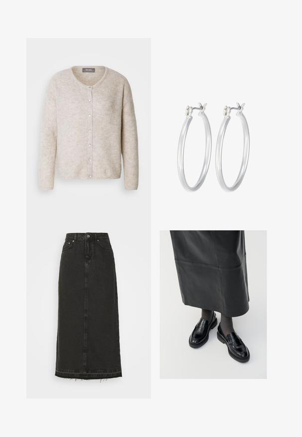 Heledbeige kampsärk, mis on valmistatud tekstuurist kudumisest, omab ümmargust kaelust, nuppe ees ning pikki lahedaid varrukaid.; Kaks lühikeste varrukateta toppi mustas ja valges, valmistatud ribakudumist, ümarate kaelustega ja sobiva disainiga. Mõlemal on nähtavad sildid.; Musträpitud must denim midi seelik, millel on liibuv vöökoht, esiantiknapid ja rebitud ääred. Omab klassikalist viit taskut ja kerget tekstuuri.; Mustad nahast loafertossud sileda pinnaga, dekoratiivse rihma, ümarate varvaste ja tekstuuriga tallaga. Kanda pikkade mustade nahkseelikutega.; Hõbedased rõngaskõrvarõngad, millel on sile, läikiv viimistlus. Ümmargune kuju ja turvaline klõpsulatus. Kerge disain, sobib igapäevaseks kandmiseks.