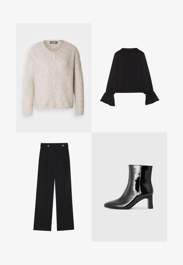Svijetlo bež kardigan od teksturirane pletene tkanine, s okruglim izrezom, kopčanjem sprijeda i dugim rukavima s opuštenim krojem.; Crna majica dugih rukava s proširenim manžetama, mekanim materijalom i opuštenim krojem, s jednostavnim okruglim izrezom.; Crne hlače širokih nogavica s visokim strukom, s dugmadi na pojasu i prednjim nabora.; Crne lakirane kožne gležnjače s šiljastim prstom i srednje visokom blok petom. Glatka tekstura i minimalistički dizajn.