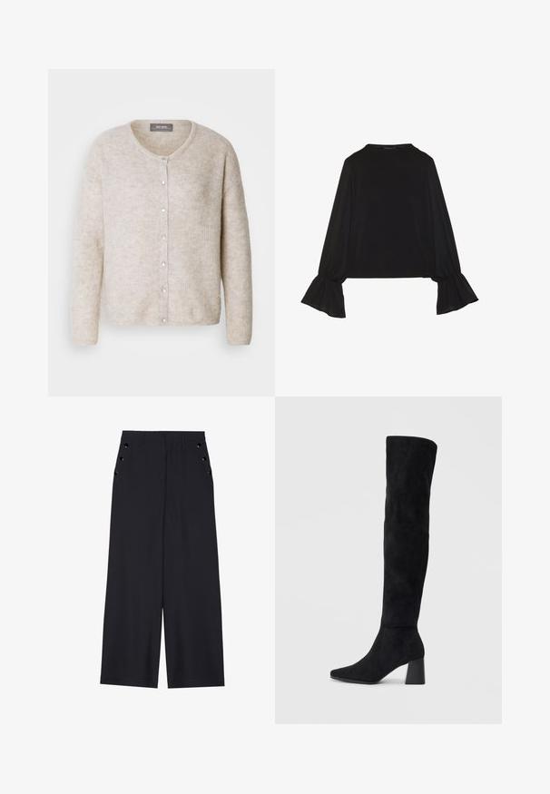Cardigã bege claro fabricado em tecido de malha texturizada, com decote redondo, abertura frontal com botões e mangas longas com um corte descontraído.; Top preto de mangas longas com punhos largos, textura suave e um corte descontraído, com um simples decote redondo.; Calças largas de tecido azul marinho escuro, com uma textura suave, pregas frontais e ilhoses decorativos em tom dourado nos bolsos laterais.; Bota de camurça preta até ao joelho com salto bloco, bico fino e design suave e sem costuras sobre um fundo claro.