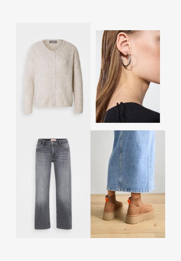 Világos bézs kardigán, texturált kötött anyagból, kerek nyakkivágással, gombos elülső résszel és hosszú ujjakkal, laza szabással.; Even&Odd Petite 2 PACK - Felső - light grey/black; Szürke farmernadrág egyenes szárú dizájnnal, öt zsebes stílussal, enyhe kopással, és gombos derékzárral.; Barna velúr platform csizmák elasztikus oldalsó panelekkel és narancssárga húzófülekkel, amelyek egy térdközépig érő világoskék farmer szoknyával vannak párosítva egy fás padlón.; Ez egy ezüst fülbevaló, sima felülettel, amelyen apró arany díszítőelemek találhatók. Kerek formájú és a fülcimpán viselik.