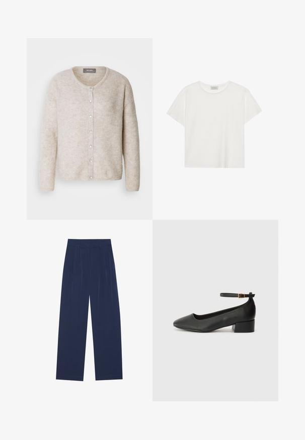 Light beige cardigan made of textured knit fabric, featuring a round neckline, button front, and long sleeves with a relaxed fit.; White short-sleeve T-shirt made of soft cotton. Features a round neckline and relaxed fit. Clean design with no visible patterns or accents.; Navy blue wide-leg pants made of soft fabric, featuring front pleats, a smooth texture, and a straight fit with no visible pockets.; Black leather pump with a pointed toe and a low block heel. Features an ankle strap with a gold-tone buckle. Smooth texture.