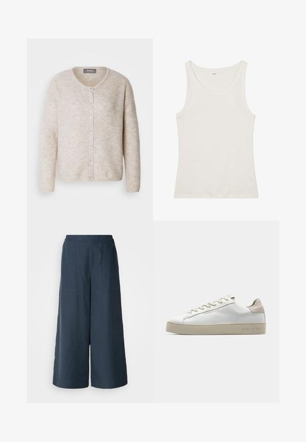 Jasno beżowy kardigan wykonany z teksturowanej dzianiny, z okrągłym dekoltem, zapięciem na guziki i długimi rękawami o luźnym kroju.; Biała bawełniana koszulka na ramiączkach z szerokim dekoltem i cienkimi ramiączkami. Gładka faktura bez widocznych wzorów czy zdobień.; Spodnie z szerokimi nogawkami w kolorze granatowym, wykonane z lekkiego materiału. Cechują się lekko teksturowaną powierzchnią, elastycznym pasem oraz szwami z przodu.; Białe skórzane sneakersy o gładkim wykończeniu, beżowe zamszowe akcenty, okrągły czubek, płaski system wiązania i teksturowana gumowa podeszwa.