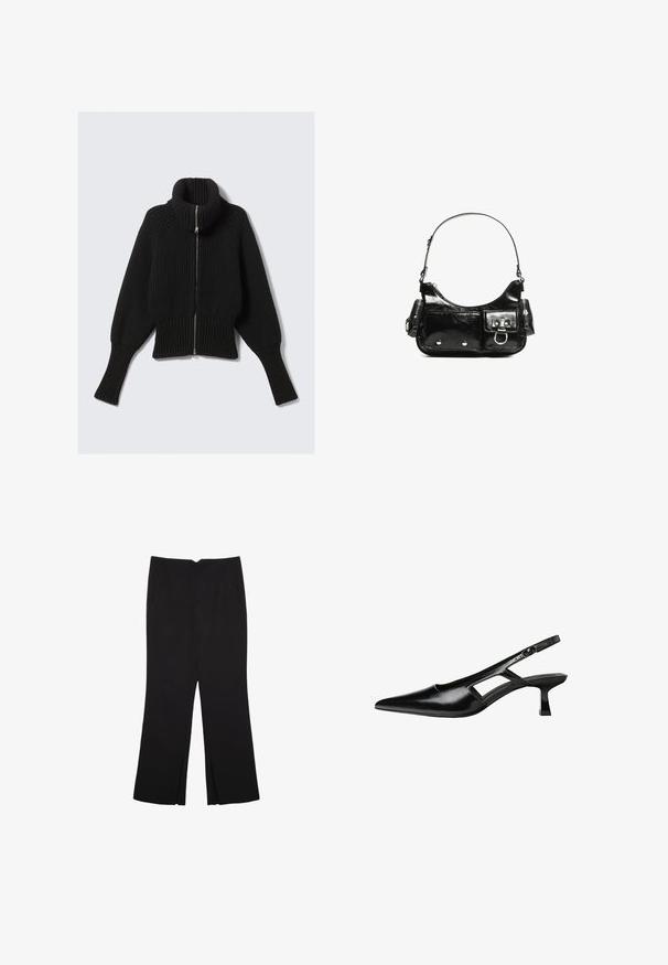 Black ribbed knit sweater with a high collar and full front zipper; features wide sleeves and a cropped hemline. Soft texture throughout.; Black sleeveless top made of smooth fabric, featuring a rounded neckline and a fitted design with no visible patterns or embellishments.; Black trousers with a straight fit, featuring front pockets and side slits at the hem. Made of soft, smooth fabric. Suitable for various occasions.; Black patent leather slingback heels with a pointed toe, cut-out side design, and a small square heel. Smooth texture with minimal accents.; Black patent leather handbag with a curved shape, one shoulder strap, front pockets, and silver-tone hardware accents.