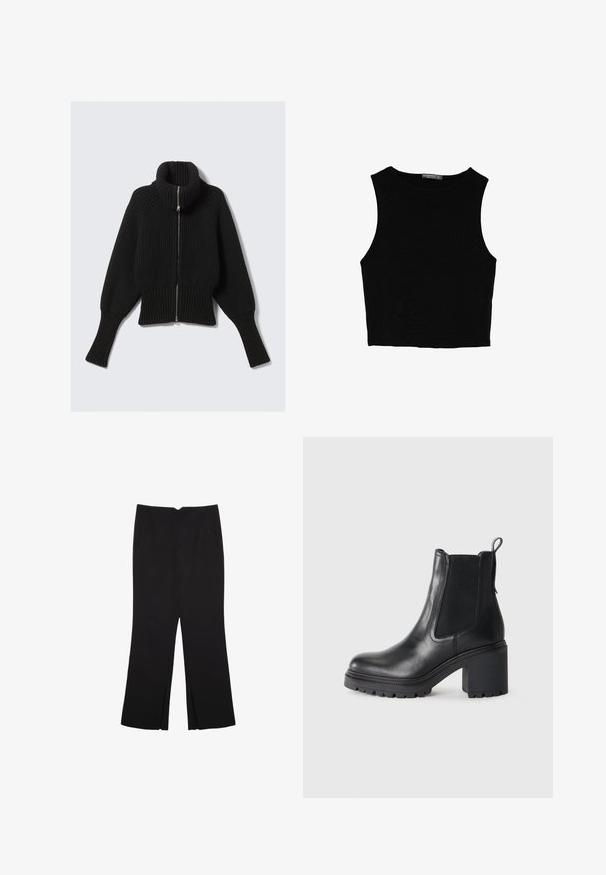 Black ribbed knit sweater with a high collar and full front zipper; features wide sleeves and a cropped hemline. Soft texture throughout.; Black sleeveless crop top made of smooth fabric, featuring a round neck and a clean, simple design without patterns or hardware.; Black trousers with a straight fit, featuring front pockets and side slits at the hem. Made of soft, smooth fabric. Suitable for various occasions.; Black leather ankle boot with a chunky heel, elastic side panels, and a pull tab at the back. Textured sole for added grip.