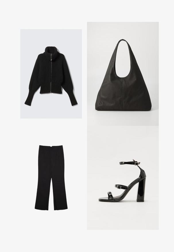 Musta ribattava neulepaita korkealla kauluksella ja koko etuvetoketjulla; leveät hihat ja lyhyt helma. Pehmeä rakenne koko paidassa.; Musta hihaton crop-top, joka on valmistettu sileästä kankaasta, jossa on pyöreä kaula-aukko ja siisti, yksinkertainen muotoilu ilman kuvioita tai varusteita.; Mustat housut suoralinjaisella leikkauksella, joissa on etutaskut ja sivurei'ät helman alla. Valmistettu pehmeästä ja sileästä kankaasta. Sopii eri tilaisuuksiin.; Musta kiiltävä korkokenkä sandaalit neliönmuotoisella varpaalla, nilkkaremmillä ja hopeisilla soljilla. Varustettu tukevalla lohkokorkealla vakauden takaamiseksi.; Mustat nahkainen olkalaukku, jossa on kaareva kahva, pitkänomainen kolmion muotoinen rakenne ja sileä tekstuuri. Minimalistinen muotoilu, ei näkyviä metalliosia.