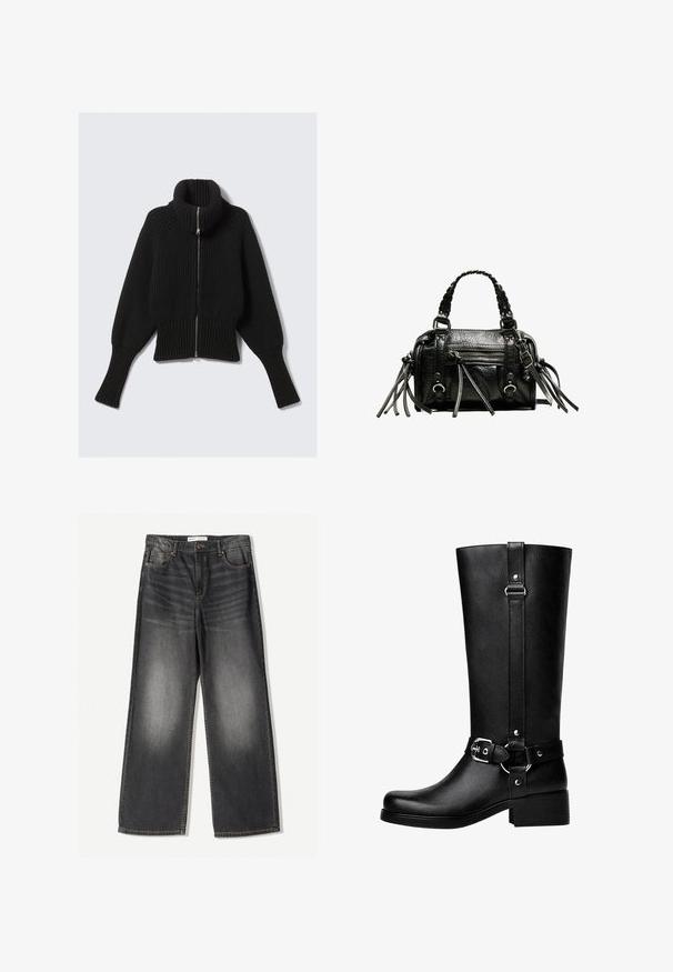 Czarny sweter z prążkowanego materiału z wysokim kołnierzem i pełnym zamkiem z przodu; ma szerokie rękawy i skrócony dół. Miękka tekstura na całej powierzchni.; Czarny i szary sweter w paski o ryflowanej strukturze, z szerokim dekoltem i długimi rękawami. Metka: Massimo Dutti.; Ciemnoszare dżinsy o szerokich nogawkach, wykonane z denimu, z pięcioma kieszeniami, z zamkiem błyskawicznym z przodu oraz kontrastowym przeszyciem wzdłuż szwów.; Wysokie czarne buty z faux skóry, z okrągłym noskiem, detalem klamry na pasku oraz grubym obcasem. Gładka tekstura i pionowa szew na cholewie.; Czarna skórzana torebka z plecionymi uchwytami, teksturowaną powierzchnią, zamykanym z przodu kieszonką oraz dekoracyjnymi frędzlami. Kompaktowy i wyraźny kształt.