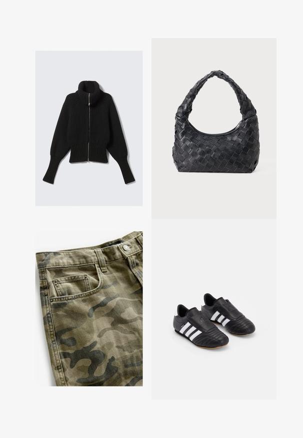 Pull en tricot noir à côtes, avec un col montant et une fermeture éclair sur le devant ; présente des manches larges et un ourlet court. Texture douce sur l'ensemble.; T-shirt blanc à manches longues en tissu doux, avec un col rond et une silhouette ajustée. Design minimaliste sans motifs ni accents.; Next Short en jean - camo print; Chaussures de soccer noires avec une tige en cuir texturé, présentant un devant rembourré, trois rayures blanches sur les côtés et une semelle extérieure en caoutchouc gum.; Sac en cuir noir tissé avec une poignée arrondie et un corps en forme de croissant sur un fond uni.