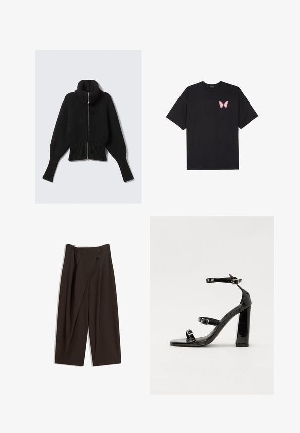 Pull en tricot noir à côtes, avec un col montant et une fermeture éclair sur le devant ; présente des manches larges et un ourlet court. Texture douce sur l'ensemble.; T-shirt en coton noir à manches courtes, avec un petit graphique de papillon rose sur la poitrine gauche. Modèle à col rond avec une coupe décontractée.; Pantalons larges marron foncé à taille haute, dotés d'une fermeture à un bouton et d'un devant plissé. Confectionnés en tissu léger.; Sandales à talons hauts en cuir verni noir avec deux brides à boucles, bout carré et talon bloc épais, présentant une texture lisse et brillante.