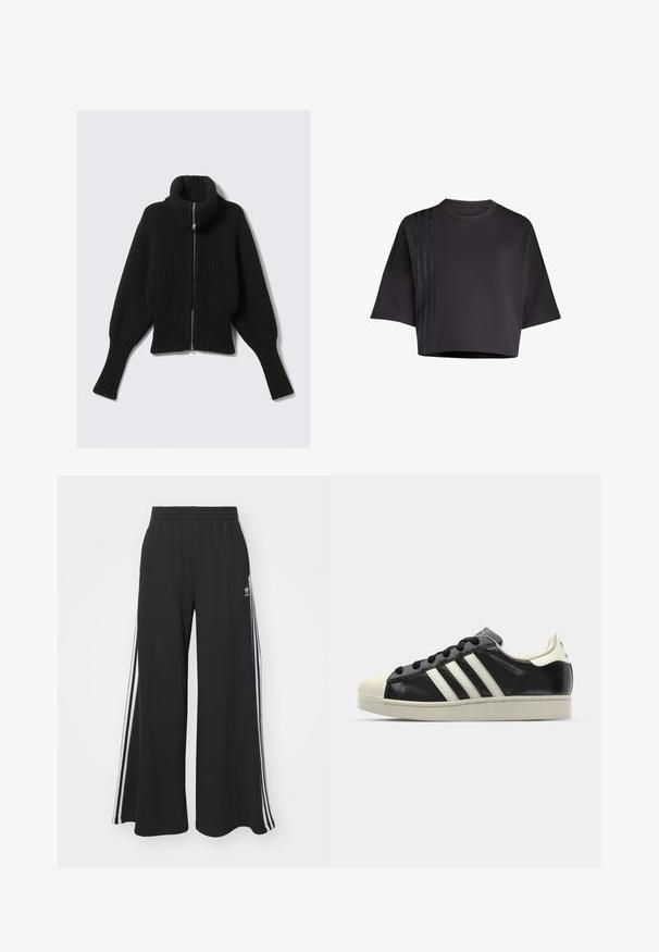 Black ribbed knit sweater with a high collar and full front zipper; features wide sleeves and a cropped hemline. Soft texture throughout.; Black cropped t-shirt with a round neck, loose short sleeves, featuring vertical satin stripe accents on the left side. Smooth texture.; Black wide-leg sweatpants with an elastic waistband, featuring white side stripes and an embroidered logo on the left thigh.; Black leather sneaker with white stripes, rubber toe cap, black laces, and a cream-colored outsole. Smooth texture with shiny finish.