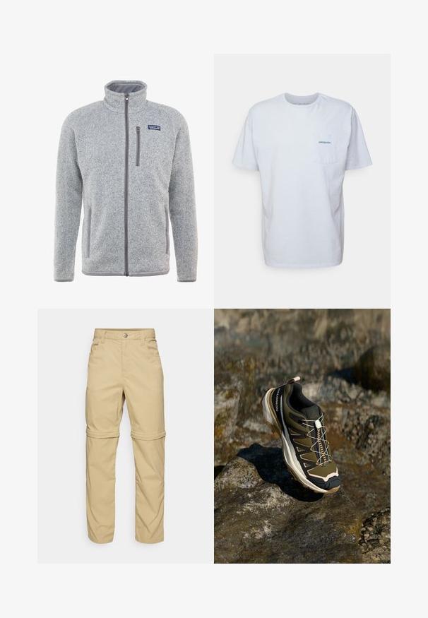 Veste en polaire grise avec un col haut, fermeture éclair complète, poches latérales et une poche poitrine. Présente un tissu texturé et des accents contrastants.; T-shirt en coton blanc à manches courtes, col rond et poche sur la poitrine gauche, arborant un logo "Patagonia" bleu. Coupe classique avec une texture lisse.; Pantalons dézippables beige avec une texture lisse, dotés de deux poches latérales, d'une fermeture à bouton et de poignets retroussables pour plus de polyvalence.; Chaussure de randonnée en vert olive et noir avec des accents roses. Elle présente un dessus texturé, une semelle flexible, une coque avant renforcée et un système de laçage coloré.