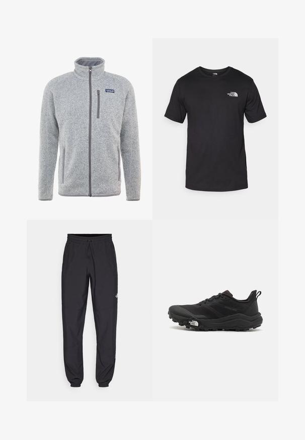 Siva flis jakna z visokim ovratnikom, polnim zadrgo, stranskimi žepi in žepom na prsih. Ima teksturirano tkanino in kontrastne poudarke.; Črna kratko sleeved majica iz bombaža, s krožnim izrezom in majhnim belim logotipom na zgornjem levem delu prsnega koša.; Črne atletske hlače iz lahkega materiala, ki imajo elastični pas z vezalko, stranske žepe in zožene manšete na gležnjih.; Črne tekaške čevlje za trail s teksturirano zgornjega dela, gumijastim podplatom in ojačanim zaključkom prstov. Vključuje oblazinjen ovratnik in zanko za enostavno obuvanje.