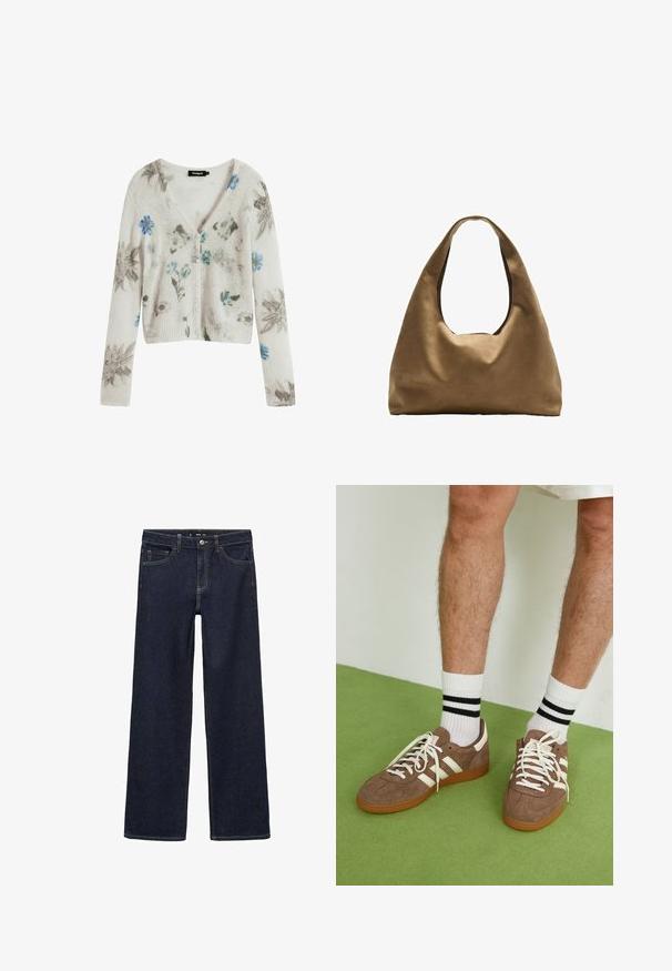 Biely pletený sveter s kvetinovým vzorom v sivej a modrej farbe, s výstrihom do V, zapínaním na gombíky a rebrovanými manžetami a spodným okrajom.; Biely bavlnený top bez rukávov s okrúhlym výstrihom a priliehavým strihom. Hladká textúra, jednoduchý dizajn a minimálne švy.; Tmavé džínsy s voľným strihom. Majú vysoký pás, päť vreciek a kontrastné švy. Priamy strih, bez zdobenia.; Hnedé zamatové tenisky s bielymi akcentmi a šnúrkami. Gumová podrážka. Nosené s bielymi ponožkami so čiernymi pruhmi. Zelená textúrovaná podlaha.; Hnedá látková taška cez rameno s širokým, zaobleným telom a veľkým vyrezaným uchom. Mäkčená textúra, minimalistický dizajn a bez viditeľného kovania.