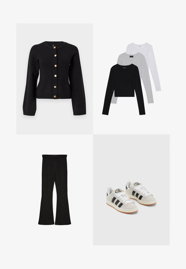 Cardigan negru dintr-un material tricotat, cu guler rotund, maneci lungi, nasturi rotunzi aurii și două buzunare frontale.; Trei bluze cu mânecă lungă așezate: neagră, gri și albă. Fiecare are un guler rotund și un design scurt, realizat dintr-un material fin și ușor.; Leggings negre cu tiv evazat, realizate dintr-un material elastic. Au o talie largă și o textură fină, cu o siluetă ajustată care se lărgește la tiv.; Adidași din suede gri cu șireți albi, dungi negre și talpă din cauciuc alb. Prezintă un logo circular pe limbă și o talpă din cauciuc.