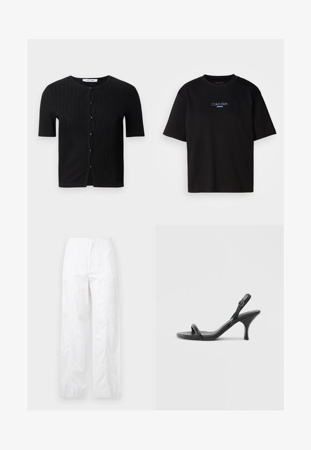 Cardigã curto de manga curta em preto, com decote arredondado, apresentando botões pretos redondos e um detalhe frontal ondulado. Tecido macio e texturizado.; T-shirt preta de algodão com gola redonda, mangas curtas e logo bordado azul "Calvin Klein JEANS" na parte da frente.; Calças brancas de perna larga feitas de um tecido leve, com uma textura suave, linhas limpas e um design de cintura alta.; Sandálias de salto alto em couro preto com um salto curvado e fino e um design de tiras cruzadas. Correia ajustável no tornozelo. Textura suave.