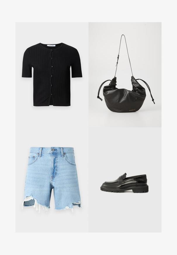 Črn rebrast kratkolasni kardigan s okroglo ovratnico, ki vsebuje okrogle črne gumbe in valovito sprednjo podrobnost. Mehak, strukturiran material.; Bela brezrokavna majica iz rebraste tkanine, z zaobljenim izrezom in prilegajočim silhueto, z minimalnimi šivi in brez okraskov.; Svijetloplave traper šortse s klasičnim pet džepnim dizajnom, striženi rub i oštećeni detalji sprijeda.; Črne usnjene čeveljce brez vezalk z zaobljenim nosom, debelim teksturiranim podplatom in subtilnim šivom. Na zadnjem delu je majhna oznaka.; Črna mehka usnjena torba za ramo z nastavljivim tankim trakom, nabranimi stranicami, ki so zavezane v vozle, in majhnim zlatim logotipom na prednjem dnu desno.