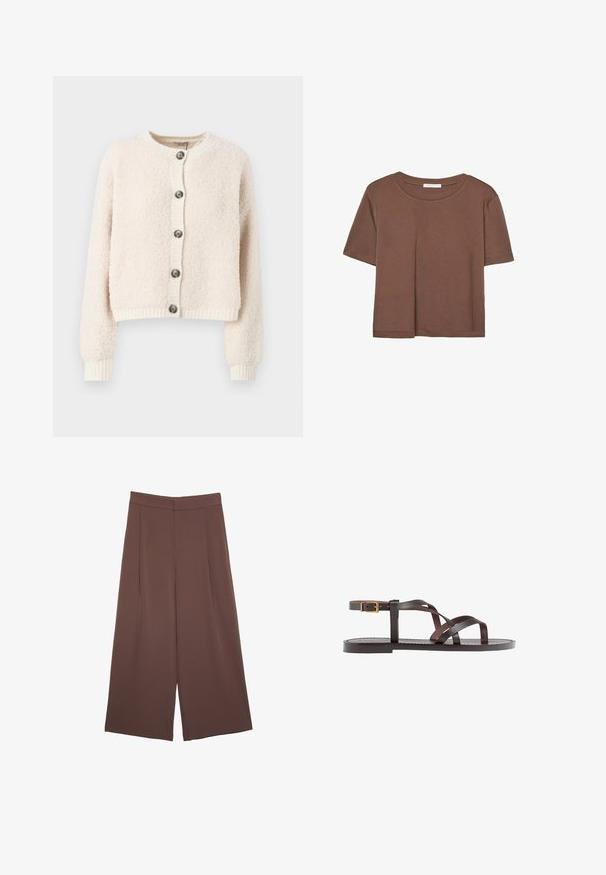 Kremowy, krótki kardigan wykonany z teksturowanej tkaniny, z okrągłym dekoltem, zapięciem na guziki oraz ściągaczami przy mankietach i u dołu.; Brązowa koszulka z krótkim rękawem, wykonana z miękkiego materiału, z okrągłym dekoltem i luźnym krojem. Brak widocznych wzorów lub akcentów.; Brązowe spodnie o szerokich nogawkach z gładką fakturą, z wysokim stanem i plisami z przodu. Materiał jest lekki i luźno opada.; Brązowe skórzane sandały z krzyżującymi się paskami, zapięciem na klamrę przy kostce oraz płaską podeszwą z minimalnymi detalami szycia.