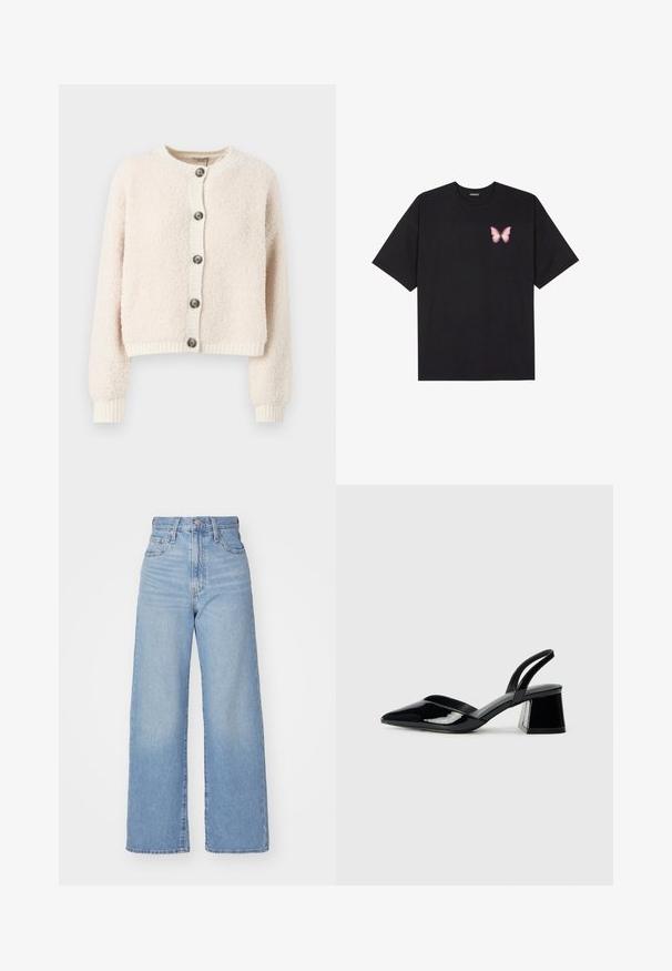Cardigan scurt de culoare crem, realizat dintr-un material texturat, având decolteu rotund, închidere cu nasturi și manșete și tiv cu model cordon.; Tricou negru din bumbac cu mâneci scurte, având pe partea stângă a pieptului un mic grafic cu un fluture roz. Design cu guler rotund și croială lejeră.; Jeans cu talie înaltă, de culoare albastru deschis, cu croială largă, dotate cu nasture și fermoar la față, buzunare în față și spate, pe un fundal alb.; Pantofi cu toc slingback din piele lacuită neagră, cu vârf ascuțit și toc geometric. Prezintă un design elegant, minimalist și o textură netedă.