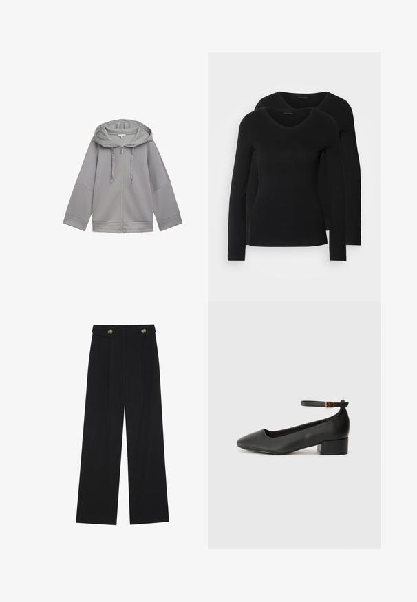 Veste à capuche zippée gris clair avec une coupe décontractée, présentant une texture lisse, des manches larges et un design simple sans motifs.; Deux chemises noires à manches longues avec un design en V, fabriquées en tissu doux et extensible, présentant une texture lisse et une silhouette ajustée.; Pantalons larges noirs à taille haute, avec des détails de boutons à la taille et des plis sur le devant.; Escarpin en cuir noir avec un bout pointu et un petit talon bloc. Doté d'une bride de cheville avec une boucle dorée. Texture lisse.