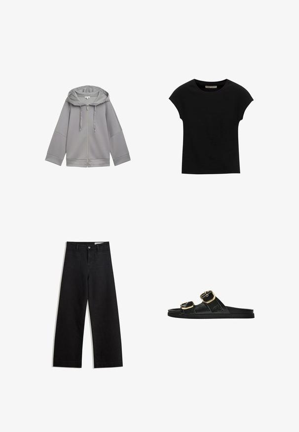 Hellegraue Zip-Hoodie-Jacke mit lockerer Passform, die eine glatte Textur, weite Ärmel und ein einfaches, ungemustertes Design aufweist.; Schwarzes Kurzarm-T-Shirt aus weichem Stoff, mit Rundhalsausschnitt und lockerer Passform, glatter Textur und ohne Muster.; Schwarze weit geschnittene Jeans mit hoher Taille, ausgestattet mit Vorder- und Hintertaschen, gesteppten Nähten und einem Knopfverschluss. Glatte Textur.; Schwarze Riemensandale mit zwei goldenen Schnallendetails, glattem Material, flachem Sohlen und minimalistischer Gestaltung.