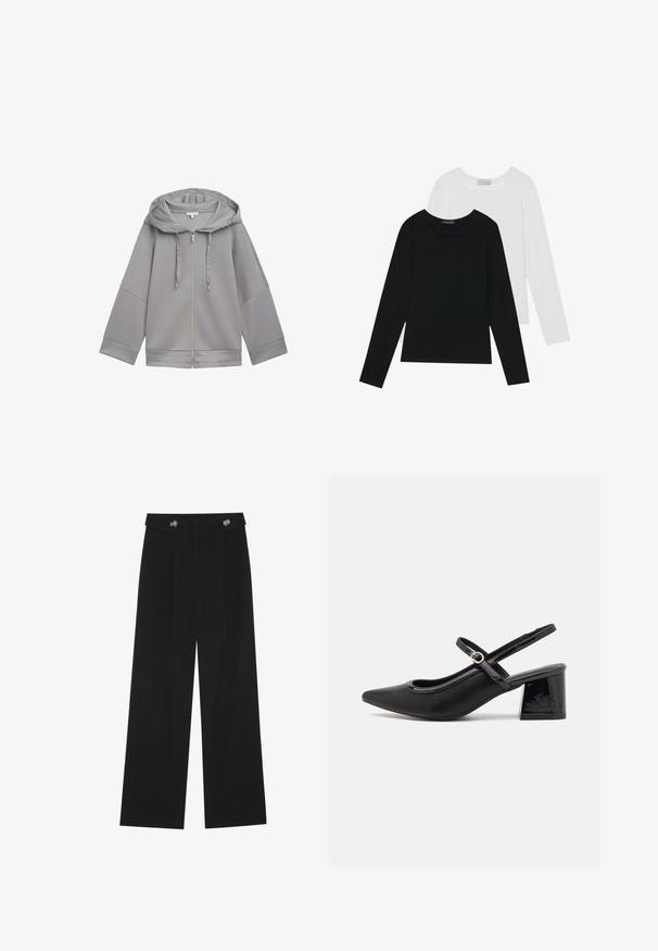 Svetlo šedá mikina na zips s kapucňou a uvoľneným strihom, charakterizovaná hladkou textúrou, širokými rukávmi a jednoduchým dizajnom bez vzorov.; Dvoje dlhých rukávov, jedny čierne a jedny biele, s hranatým výstrihom a vyrobené z mäkkého, elastického materiálu.; Čierne široké nohavice s vysokým pásom, so zapínaním na gombíky na páse a prednými sklady.; Čierne lakované kožené lodičky so slingback dizajnom, špicatou špičkou, zaobleným výrezom a blokovým podpätkom. Obsahuje akcent zlatého tónu s prackou.