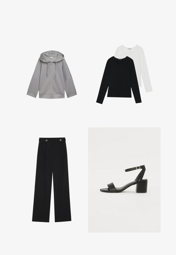 Jasnoszara, zapinana na zamek, kapturowa kurtka o luźnym kroju, charakteryzująca się gładką teksturą, szerokimi rękawami i prostym, pozbawionym wzorów designem.; Dwie bluzki z długim rękawem, jedna czarna i jedna biała, obie z kwadratowym dekoltem i wykonane z miękkiego, elastycznego materiału.; Czarne szerokie spodnie z wysokim stanem, z detalami w postaci guzików na pasku oraz plisami z przodu.; Czarne sandały na obcasie z gładkiej skóry, z odkrytymi palcami, szerokimi przednimi paskami oraz regulowanym paskiem na kostkę z detalem w postaci złotego zapięcia.