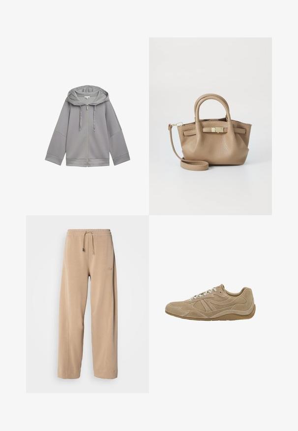 Világosszürke zipzáras kapucnis dzseki, laza fazonnal, sima textúrával, széles ujjakkal és egyszerű, minta nélküli dizájnnal.; Fehér, hosszú ujjú póló, puha pamutból készült, kerek nyakkivágással és eső vállú kialakítással, laza szabású, látható minták nélkül.; Bézs színű, bő szárú nadrág puha anyagból, rugalmas derékkal és zsinórral. Oldalán diszkrét márkázás található, valamint oldalzsebek.; Beige suéd sneaker, alacsony profillal, texturált felszínnel és fehér cipőfűzőkkel. Ívelt dizájnnal és gumi talppal a jó tapadás érdekében.; Barna bőr kézi táska dupla fogantyúval és levehető vállpánttal. Aranyszínű zárja és texturált felülete van.