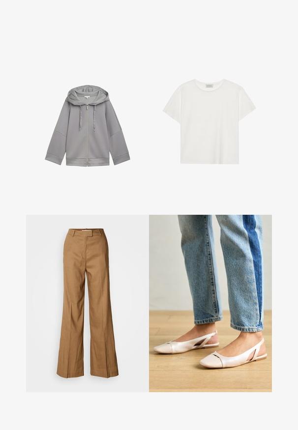 Gaišpelēka kapuce ar rāvējslēdzēju, brīvā piegriezumā, ar gludu tekstūru, platām piedurknēm un vienkāršu dizainu bez rakstiem.; Balts īsām piedurknēm T-krekls, kas izgatavots no mīksta kokvilnas. Tam ir apaļš izgriezums un brīvs piegriezums. Tīrs dizains bez redzamām rakstiem vai akcentiem.; Brūnas platās bikses, kas izgatavotas no viegla auduma. Ievērojama plakanā priekšpuse, jostas cilpas un piegriezums ar potītes garumu.; Bālti rozā siksniņu dzīvokļi ar smailu purngalu, izgatavoti no gludas ādas līdzīgās materiāla. Iezīmē izgriezumu detaļas sānos un platu papēdi.