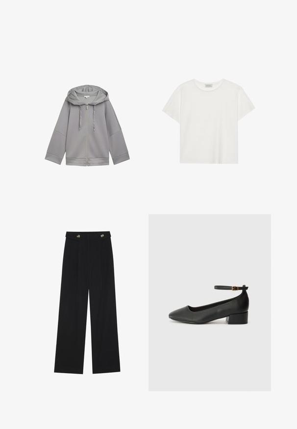 Šviesiai pilkas užtrauktuku užsegamas džemperis su gaubtu, turintis laisvą kirpimą, pasiskolintą tekstūrą, plačias rankoves ir paprastą dizainą be raštų.; Balta trumpa rankovė T-marškiniai, pagaminti iš minkštos medvilnės. Charakterizuojami apvali kaklo iškirpte ir laisvu siluetu. Švarus dizainas be matomų raštų ar akcentų.; Juodi plačios kojos kelnės su aukštu liemeniu, sagų detalėmis ant liemens ir priekinėmis raukšlėmis.; Juodas odinis aukštakulnis batelis su smailiu pirštu ir žemu bloku. Su kulkšnies dirželiu su auksinės spalvos sagtimi. Lygus paviršius.