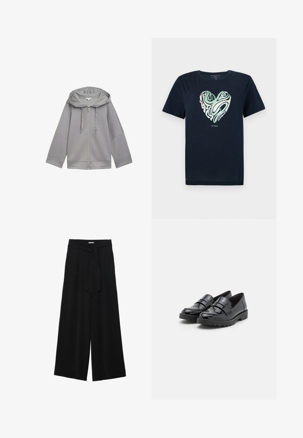 Ljusgrå zip-up huvtröja med en avslappnad passform, med en mjuk texture, vida ärmar och en enkel design utan mönster.; Mörkblå bomulls-T-shirt med ett hjärtformat grafiskt mönster i gröna och krämfärgade virvlande mönster. Rund hals, korta ärmar och rak nederkant.; Svarta vida byxor med texturerad tyg, elastisk midja och en avtagbar käppknut i midjan för justerbar passform.; Svarta lackläders loafers med en slät yta, ett band över framdelen och en texturerad sula. Rundad tådesign. Lättviktig konstruktion.
