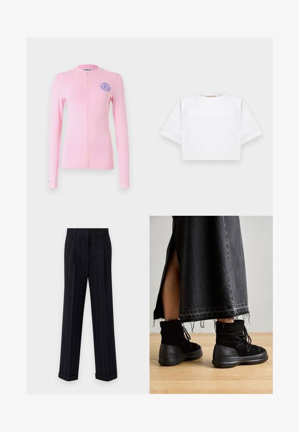 Lys rosa langermet jakke med glidelås og rund hals, med brodert blå logo detalj på venstre bryst. Glatt stoff og tettsittende design.; Kuttet hvit t-skjorte laget av mykt stoff, med korte ermer, rund hals og ribbestrikket detaljer nederst. Enkel og upradert design.; Svarte pinstripede bukser med en tilpasset passform, som har en oppbrett på bunnen og frontfolder. Laget av glatt stoff med en strukturert design.; Sorte ankelstøvler laget av semsket skinn, med rundt tå, snøring og en tykk, strukturert gummisåle. Uferdig kant denimskjørt er synlig.