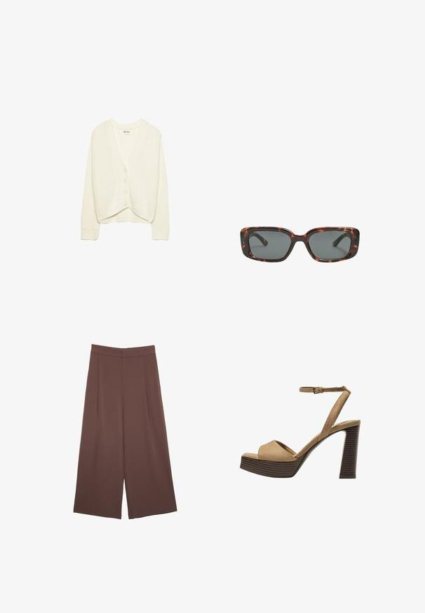 Bílý zkrácený cardigan, pletená textura, výstřih do V, pět knoflíkový přední zapínání, žebrované detaily na manžetách a lemu. Měkká tkanina, pohodlný design.; Hnědé tričko s krátkým rukávem vyrobené z měkké látky, s kulatým výstřihem a volným střihem. Bez viditelných vzorů nebo dekorací.; Hnědé široké kalhoty s hladkou texturou, vysokým pasem a předními záhyby. Materiál je lehký a volně splývá.; Bežové semišové sandály na vysokém podpatku s širokým předním páskem a páskem kolem kotníku, s masivním dřevěným blokovým podpatkem s texturovaným povrchem.; Sluneční brýle ve stylu želvoviny s obdélníkovými čočkami, silnými rámy a tmavými zbarvenými čočkami. Hladký povrch a minimalistický design.