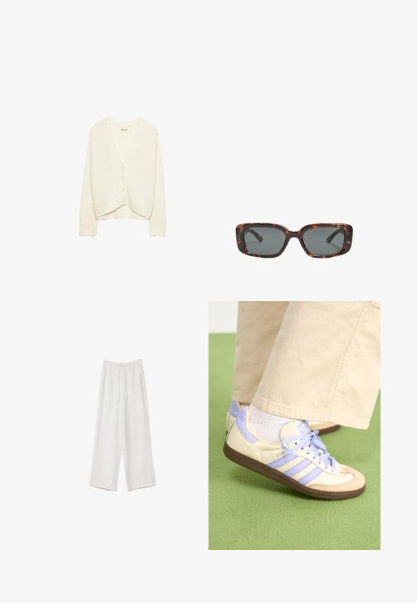 Valkoinen lyhyt neuletakki, neulottu rakenne, V-pääntie, viiden napin etulukitus, kiehkuroita hihansuissa ja helmassa. Pehmeä kangas, rento muotoilu.; Valkoinen lyhythihainen T-paita, joka on tehty puuvillasta. Siinä on pyöreä kaula-aukko ja rento malli. Silkkinen pinta ilman näkyviä kuvioita tai koristeita.; Valkoiset leveälahkeiset housut kevyestä kankaasta. Ominaisuuksiin kuuluu elastinen vyötärö, jossa on nauhakuuluma ja sivutaskut. Sileä rakenne.; Kermasilta ja laventelilta näyttävät lenkkarit kolmella raidalla ja teksturoidulla ruskealla pohjalla, varustettuna nauhoilla ja pehmustetulla kantapäällä. Pehmeä kangaspinta.; Silmälasit pähkinäkuoresta, joissa on suorakulmaiset linssit, paksut kehykset ja tummennetut linssit. Sileä pinta ja minimalistinen muotoilu.