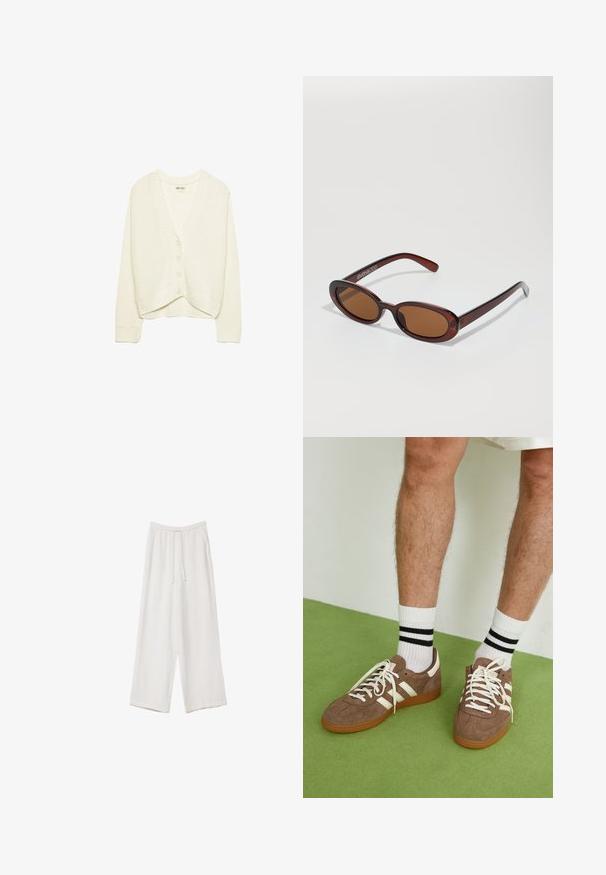 Biała krótka kardigan, dzianinowa tekstura, dekolt w serek, pięć guzików z przodu, prążkowane wykończenia na mankietach i dołach. Miękki materiał, casualowy styl.; Biała koszulka z krótkim rękawem, wykonana z bawełny. Posiada okrągły dekolt i luźny krój. Gładka faktura bez widocznych wzorów czy akcentów.; Białe spodnie o szerokich nogawkach wykonane z lekkiego materiału. Posiadają elastyczny pas z sznurkiem i boczne kieszenie. Gładka tekstura.; Brązowe zamszowe sneakersy z białymi akcentami i sznurówkami. Gumowa, brązowa podeszwa. Noszone z białymi skarpetkami w czarne paski. Zielona teksturowana podłoga.; Okrągłe, brązowe okulary przeciwsłoneczne z błyszczącą bordową oprawą. Cienkie ramiona z subtelnym detalem marki. Płaski kształt soczewek.; Wykonana z plecionego słomy torba o luźnym kształcie, w kolorze karmelowym, z otworem w kształcie litery V oraz skórzaną naszywką na dole. Miękka tekstura.