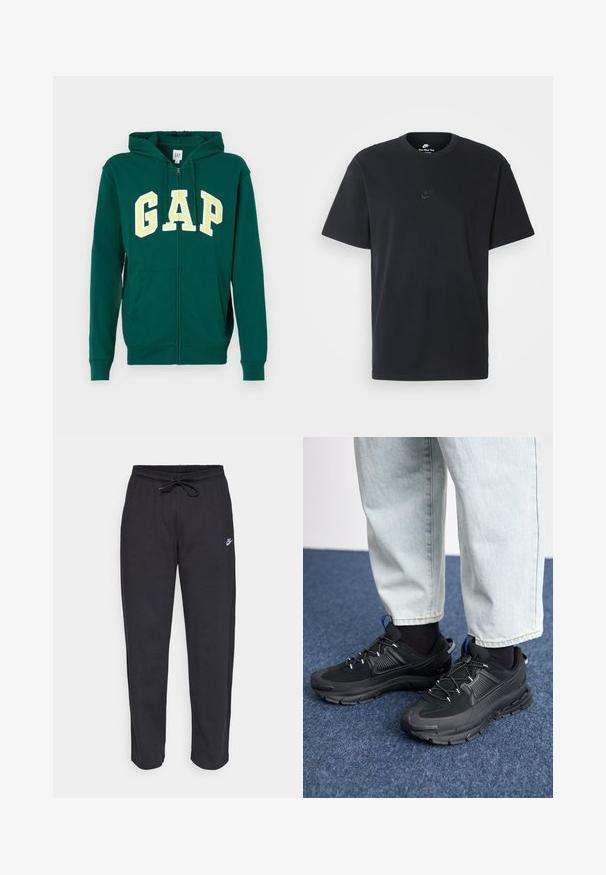 Zaļš ievelkams džemperis, izgatavots no kokvilnas, ar kangaru kabatu, regulējamu kapuci un lielu dzeltenu un baltu "GAP" uzrakstu priekšpusē.; Nike melns kokvilnas T-krekls ar klasisku piegriezumu, īsām piedurknēm un smalku, reljefu logotipu uz krūškurvja. Gluda tekstūra.; Melnas sporta bikses, kas izgatavotas no mīksta auduma, ar elastīgu jostu, auklu un mazu Nike logo uz kreisā augšstilba.; Melni sporta apavi ar strukturētu audumu un gumijas zoli, ar elastīgām auklām un zilu akcentu uz papēža. Nēsāti ar gaišām džinsu biksēm.