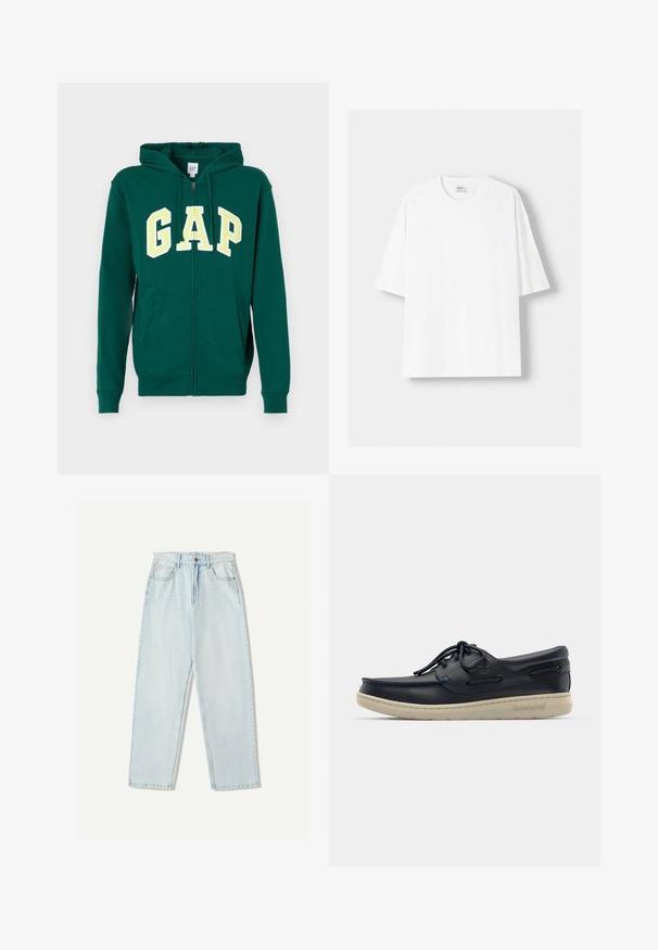 Zeleni dukserica s patentnim zatvaračem od pamuka, s kengurudžepom, kapuljačom s vezicom i velikim žutim i bijelim natpisom "GAP" sprijeda.; Bijela kratkodlana majica s kratkim rukavima, izrađena od pamuka, s okruglim izrezom i opuštenim krojem. Gladak materijal, bez vidljivih uzoraka ili akcenta.; Svijetloplave traperice s opuštenim krojem, ravnim nogavicama, pet džepova i suptilnim izbljeđivanjem na tkanini.; Mornarske kožne brodske cipele u mornarskoj plavoj boji s niskim profilom, bijelim gumenim đonom, okruglim vezicama i ukrasnim bočnim šavovima; sadrže metalne rupice za vezice i logo.