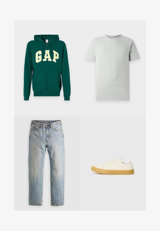 Grønn hettejakke med glidelås laget av bomull, med kengurulommer, trekksnor i hetten, og stor gul og hvit "GAP"-skrift på framsiden.; Lys grå kortermet T-skjorte med rund hals vist på hvit bakgrunn, frontvinkel uten synlige logoer eller design.; Lys blå denim jeans med høy midje, frontknapp, glidelås og fem-lommers design, lagt flatt på en nøytral bakgrunn.; Canvas sneakers i off-white med rund tå, med beige gummisåler og fem hull for lisser, strukturert finish på overdelen.