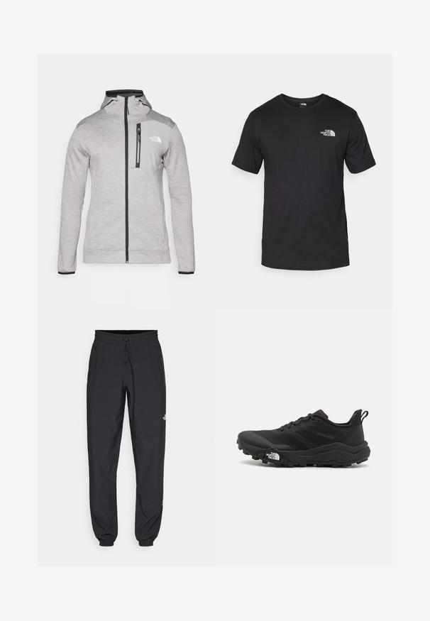 The North Face MOUNTAIN ATHLETICS FULL ZIP JACKET - Polárdzseki - pale grey heather/meld grey; Fekete rövidujjú pamut póló, kerek nyakkivágással, a bal felső mellkason egy kis fehér logóval.; Fekete sportnadrág, könnyű anyagból készült, húzózsinóros derékkal, oldalsó zsebekkel és szűkített szárakkal a bokáknál.; Fekete terepfutó cipő, textúrált felső résszel, gumitalppal és megerősített lábujjrészével. Párnázott bokarésszel és húzófüllel rendelkezik a könnyű felhúzáshoz.