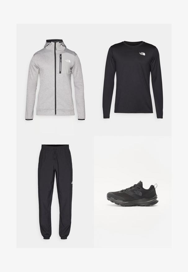 The North Face MOUNTAIN ATHLETICS FULL ZIP JACKET - Flísová bunda - pale grey heather/meld grey; Čierne tričko s dlhým rukávom vyrobené z ľahkej tkaniny, s bielym logom na hornej ľavej strane hrude. Hladká textúra.; Čierne športové nohavice vyrobené z ľahkej tkaniny, s elastickým pásom na šnurovanie, bočnými vreckami a zúženými manžetami na členkoch.; Čierna športová obuv s vrchnou časťou z jemnej sieťoviny, gumovou podrážkou a polstrovaným golierom. Obsahuje šnúrky, logo na strane a textúrovaný dizajn.