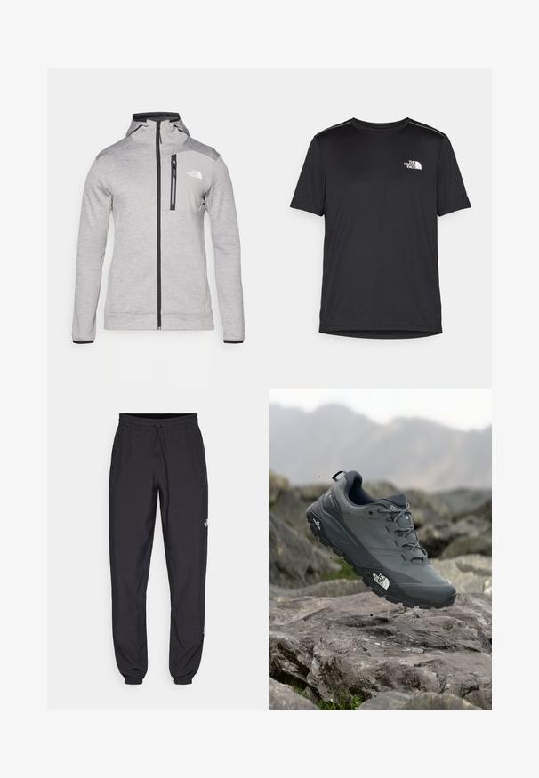 The North Face MOUNTAIN ATHLETICS FULL ZIP JACKET - Polárdzseki - pale grey heather/meld grey; Fekete, rövid ujjú póló, könnyű anyagból készült. Bal mellen egy kis fehér logó található, és finom vállrész kiemelések.; Fekete sportnadrág, könnyű anyagból készült, húzózsinóros derékkal, oldalsó zsebekkel és szűkített szárakkal a bokáknál.; Szürke terepfutó cipő, texturált felsőrésszel, tartós gumitalppal és megerősített orr résszel. Fekete fűzők és márka logó a cipő oldalán.