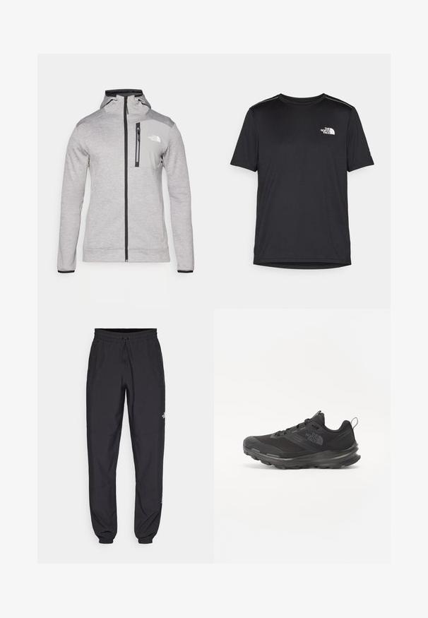 The North Face MOUNTAIN ATHLETICS FULL ZIP - Camisola com fecho - pale grey heather/meld grey; T-shirt preto de manga curta feito de um tecido leve. Apresenta um pequeno logo branco ao lado esquerdo do peito e detalhes subtis nos ombros.; Calças atléticas pretas feitas de tecido leve, com um cós ajustável por cordão, bolsos laterais e punhos afunilados nos tornozelos.; Sapatilha atlética preta com parte superior em malha, sola de borracha e colarinho almofadado. Apresenta atacadores, logótipo de lado e um design texturizado.