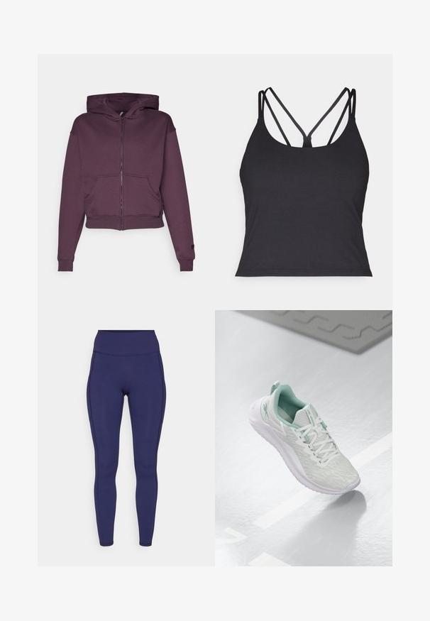 Fabletics COZY FULL ZIP HOODIE - Cipzáras pulóver - deep plum; Fekete ujjatlan felső vékony pántokkal, hátul keresztbe fonott dizájnnal. Puha, rugalmas anyagból készült, formás szabású.; Tengerészeti magas derekú leggings rugalmas anyagból. Simító varratokkal és testhezálló fazonnal rendelkezik, két oldalsó zsebbel a tárolás érdekében.; Világosszürke sportcipő, texturált kötött felső réteggel, menta zöld kiegészítőkkel, fehér fűzőkkel, gumitalppal és húzófüllel a saroknál.