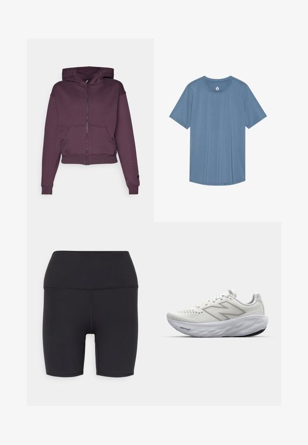 Fabletics COZY FULL ZIP HOODIE - Zip-up sweatshirt - deep plum; Blue short-sleeve t-shirt made of soft fabric, featuring a round neckline and relaxed fit, with a smooth texture and no visible patterns.; Black athletic shorts made of stretchy material, featuring a high waistband, smooth texture, and no visible patterns or hardware.; White athletic shoes with a mesh upper, featuring a padded collar, textured sole, and the "Fresh Foam" branding on the midsole.
